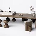 Modern Rustic Dining Table Set Featuring Natural Wood Top Round Stools and Decorative Vase 3d model