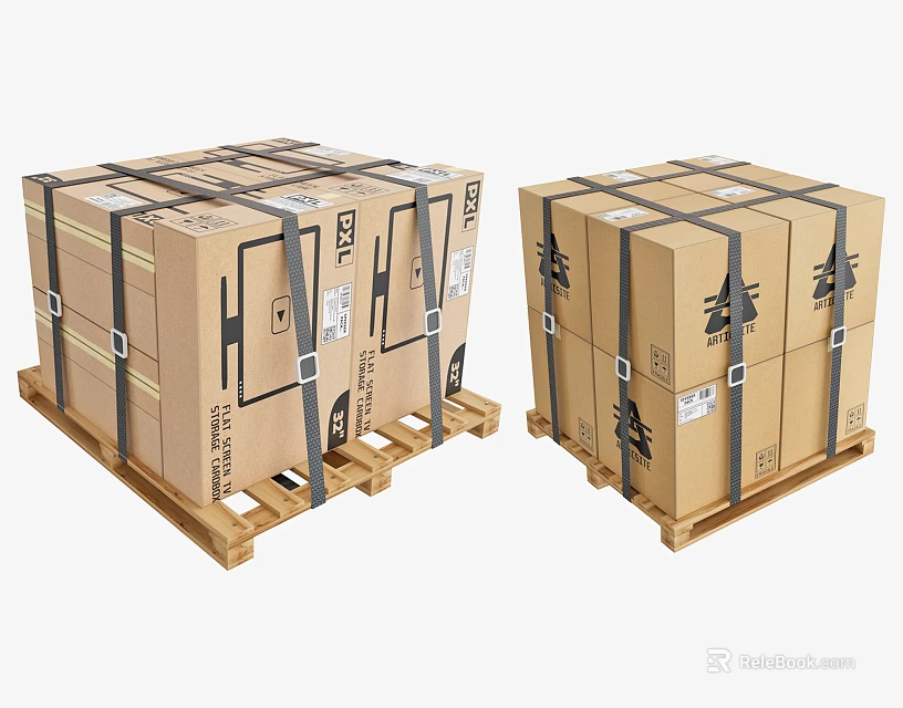 Stacked Cardboard Cartons On Wooden Pallets With Black Straps And Labels 3d model 