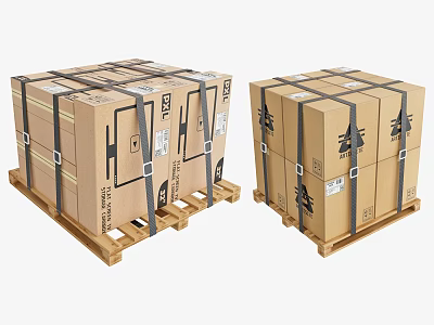 Stacked Cardboard Cartons On Wooden Pallets With Black Straps And Labels 3d model