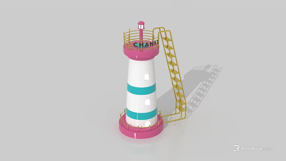 Lighthouse Model With Pink Base White Blue Stripes Yellow Ladder And CRANE Sign On Top 3d model 