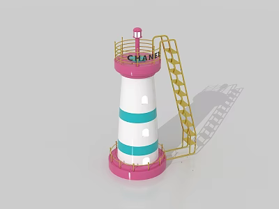 Lighthouse Model With Pink Base White Blue Stripes Yellow Ladder And CRANE Sign On Top 3d model