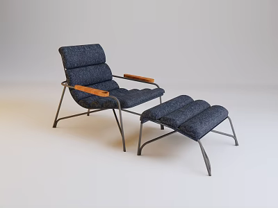 Navy Blue Upholstered Lounge Chair With Wooden Armrests Metal Frame And Ottoman 3d model