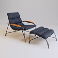 Navy Blue Upholstered Lounge Chair With Wooden Armrests Metal Frame And Ottoman
