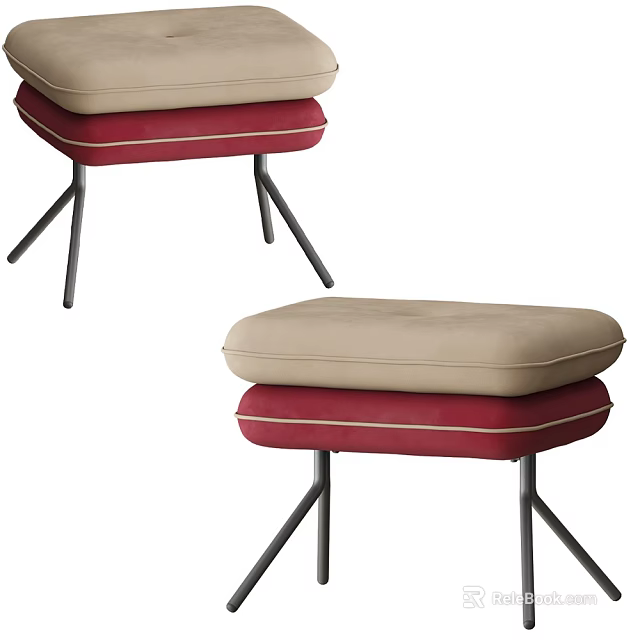Modern Design Two Stools With Beige Cushion Red Base And Metal Legs 3d model 