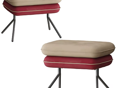 Modern Design Two Stools With Beige Cushion Red Base And Metal Legs 3d model