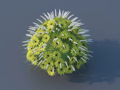 Spherical Floral Arrangement with Yellow Flowers and White Slender Grass Plants on Gray Background 3d model
