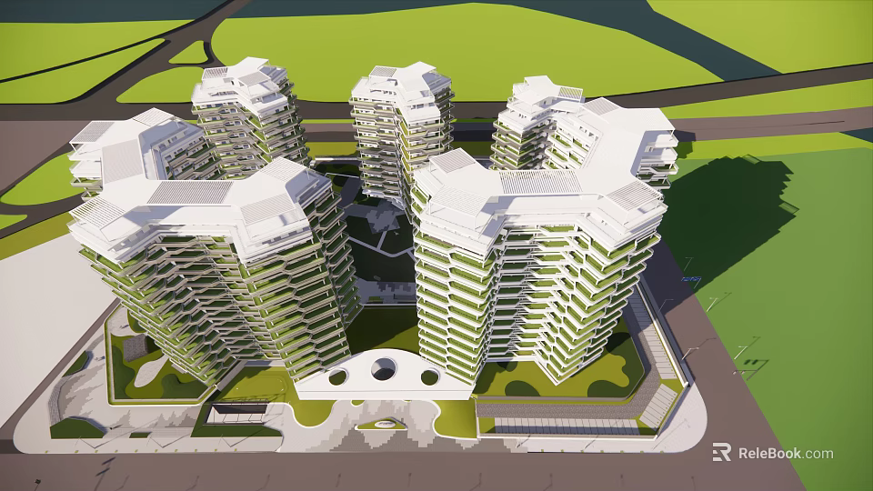 Modern High Rise Residential Complex With Green Landscaping And Courtyard 3d model 