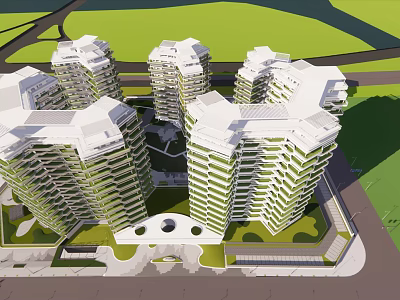 Modern High Rise Residential Complex With Green Landscaping And Courtyard 3d model