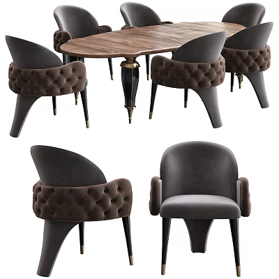 Elegant Wooden Dining Table Set with Tufted Dark Brown Upholstered Chairs and Black Metal Legs 3d model