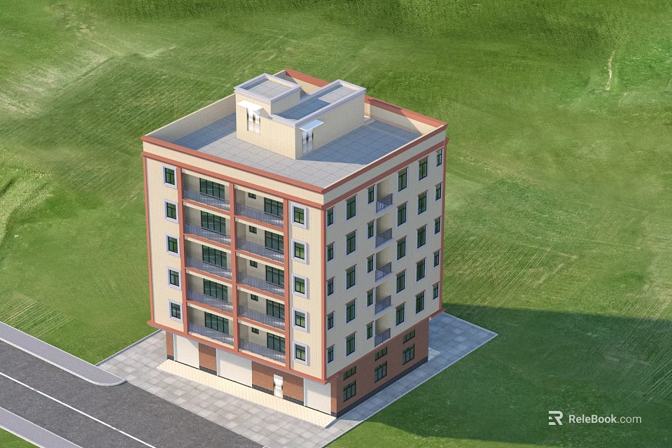 Multi story Detached Villa With Beige Exterior Red Trim And Green Lawn 3d model 