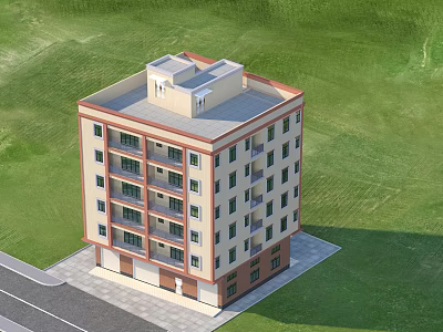 Multi story Detached Villa With Beige Exterior Red Trim And Green Lawn 3d model