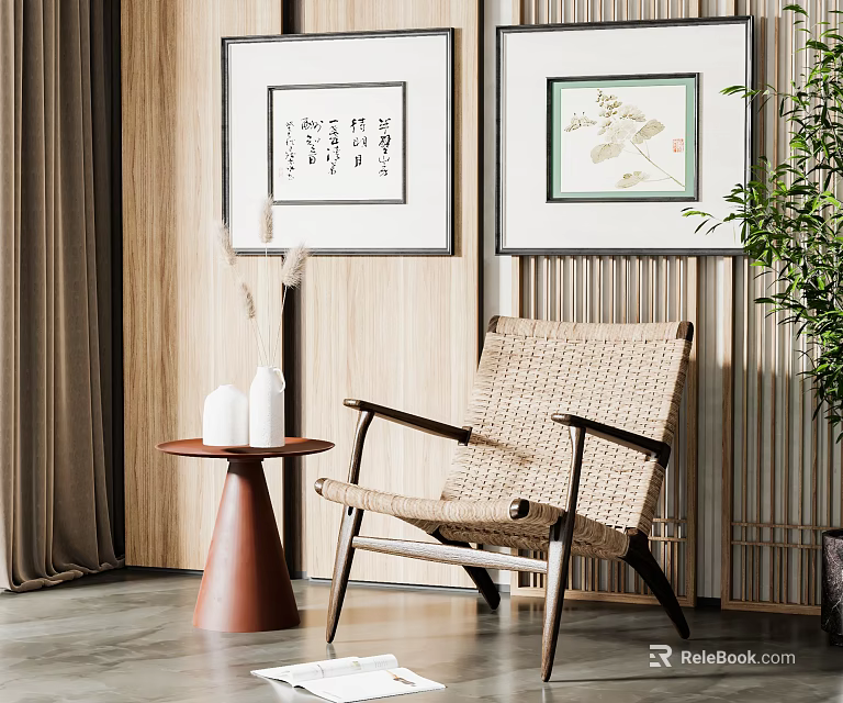 Rattan Lounge Chair With Side Table Decorative Paintings And Green Plant In Natural Interior 3d model 