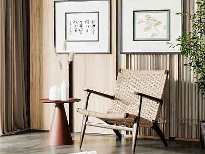 Rattan Lounge Chair With Side Table Decorative Paintings And Green Plant In Natural Interior 3d model