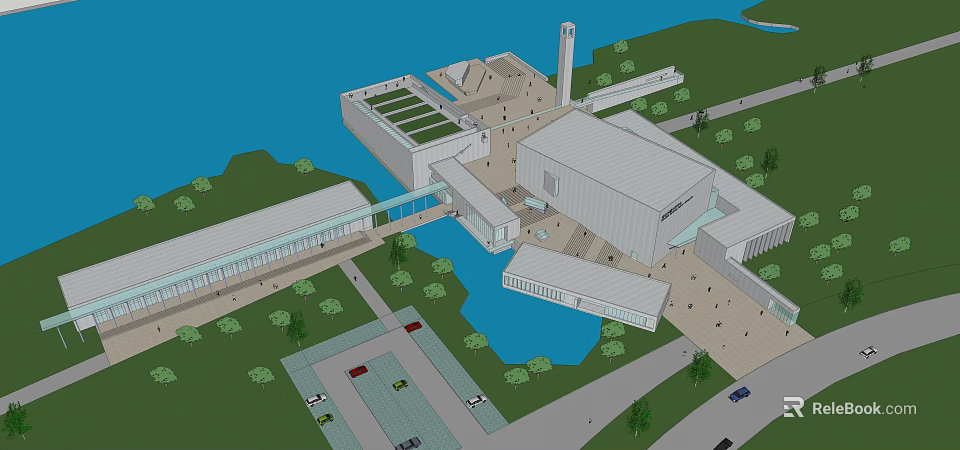 Modern Commercial Complex Featuring Waterfront Green Spaces Parking Areas and Connected Tower 3d model 