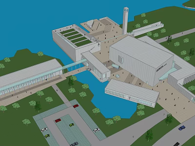 Modern Commercial Complex Featuring Waterfront Green Spaces Parking Areas and Connected Tower 3d model