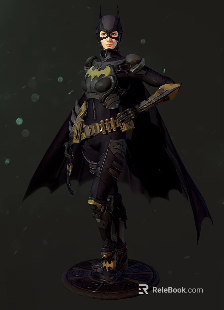 Batgirl Game Movie Character In Black Cape With Gold Armor And Utility Belt 3d model 
