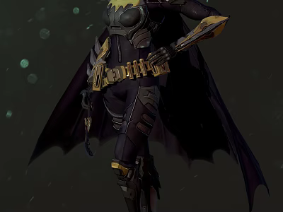 Batgirl Game Movie Character In Black Cape With Gold Armor And Utility Belt 3d model