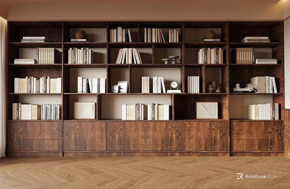 Elegant Wooden Bookshelf With Layered Shelves Books Decorations And Storage Cabinets 3d model 