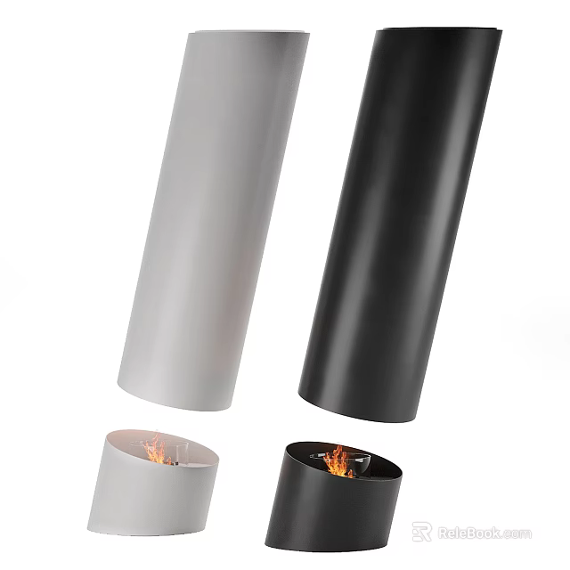 Modern Cylindrical Fireplace Designs With Flames In Black And White 3d model