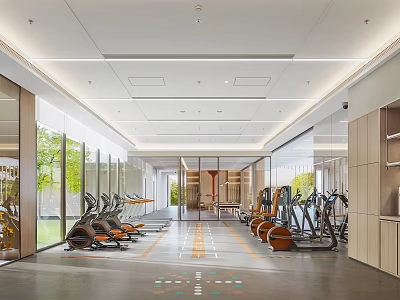 Modern Gym Interior for Sports Fitness with Ellipticals Spin Bikes and Bright Windows 3d model