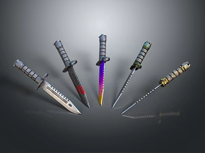 Five Different Knives with Colorful Blades and Unique Handle Textures 3d model