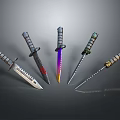 Five Different Knives with Colorful Blades and Unique Handle Textures