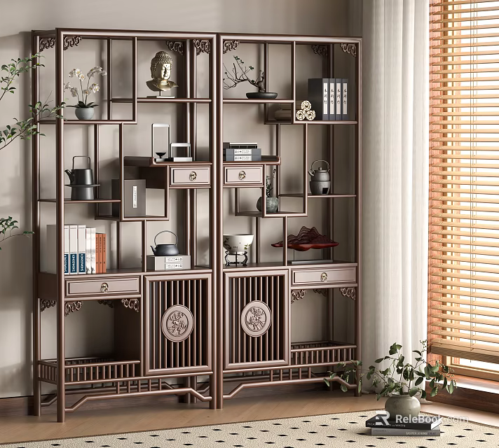 Traditional Chinese Display Shelf With Carved Design Books Tea Sets And Decorative Items 3d model 