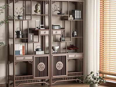 Traditional Chinese Display Shelf With Carved Design Books Tea Sets And Decorative Items 3d model