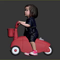 Little Girl Riding Red Toy Scooter With Basket On Black Background