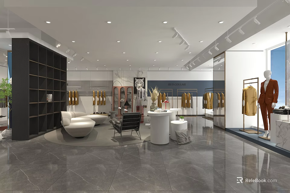 Modern Spacious Clothing Store Interior With Mannequins Display Shelves And Sofa 3d model 