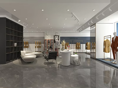 Modern Spacious Clothing Store Interior With Mannequins Display Shelves And Sofa 3d model
