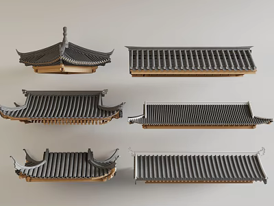 Various Traditional Chinese Roof Components With Curved Eaves And Tile Designs 3d model