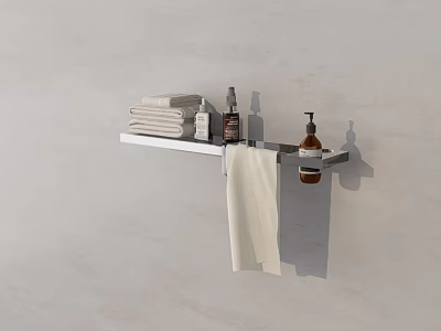 Neatly Folded White Towel On Bathroom Wall Mounted Shelf With Toiletries Bottles 3d model