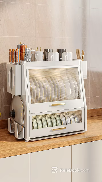Modern Kitchen Cabinet with Woven Doors and Organized White Dishes and Cups 3d model 