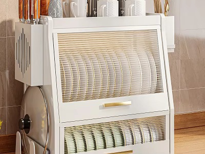 Modern Kitchen Cabinet with Woven Doors and Organized White Dishes and Cups 3d model