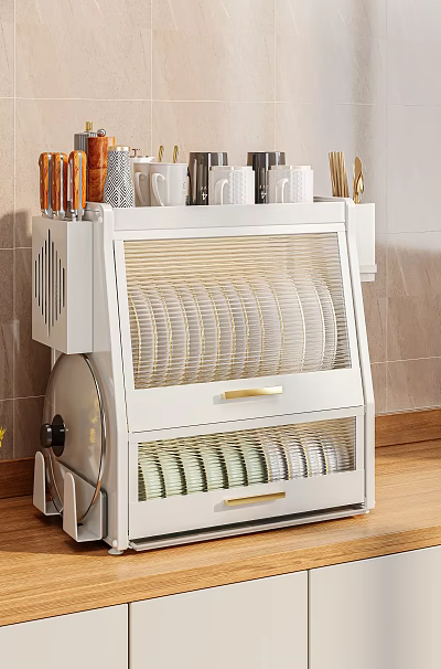Modern Kitchen Cabinet with Woven Doors and Organized White Dishes and Cups 3d model