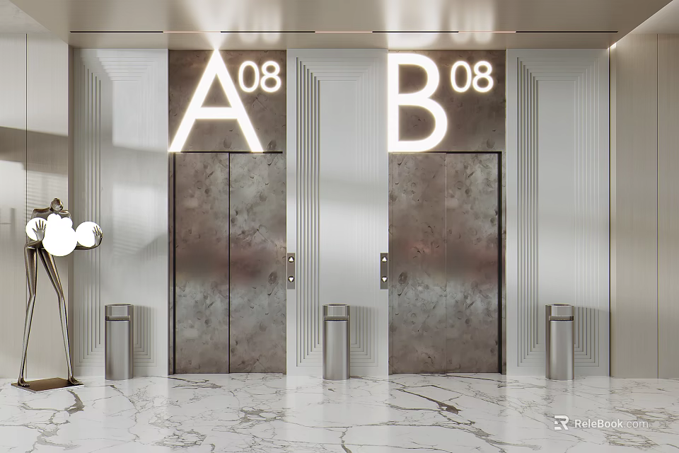 Modern Elevator Hallway With A08 B08 Signage And Marble Flooring 3d model