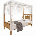 Simple Wooden Single Bed with White Mosquito Net and Gray Striped Blanket