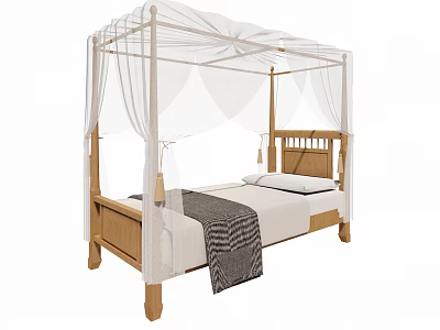 Simple Wooden Single Bed with White Mosquito Net and Gray Striped Blanket 3d model