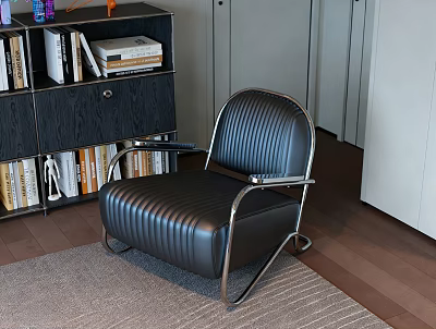 Black Leather Accent Chair With Metal Frame Striped Design On Rug And Bookshelf Wooden Floor 3d model