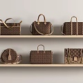 Luxury Handbags Various Styles With Brown Classic Monogram Pattern Displayed On Wooden Shelves