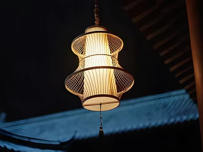 Traditional Chinese Lantern With Handwoven Bamboo Frame Illuminated Hanging Over Tile Roof 3d model