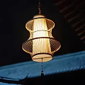 Traditional Chinese Lantern With Handwoven Bamboo Frame Illuminated Hanging Over Tile Roof
