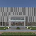 Modern Office Building Exterior With Glass Curtain Wall Grand Entrance And Landscaped Garden