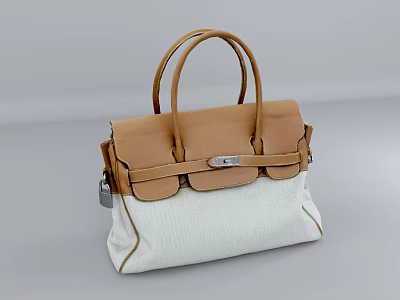 Stylish Brown And White Handbag With Leather Handles Metal Buckle And Canvas Leather Body 3d model