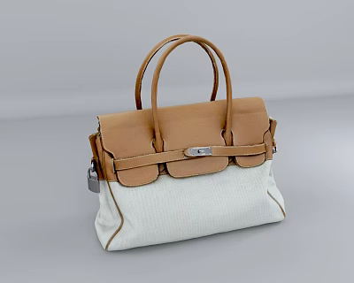 Stylish Brown And White Handbag With Leather Handles Metal Buckle And Canvas Leather Body 3d model