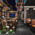 Modern Restaurant Interior Design With Chandeliers Crane Decorations Green Plants And Blue Lighting