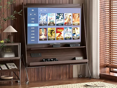 Large Smart TV Showing Film Selection On Wooden Stand In Living Room With Devices 3d model