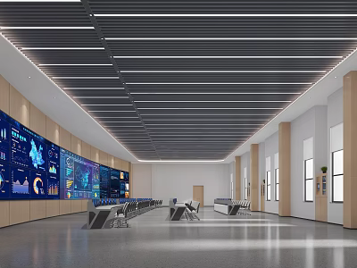 Modern Monitoring Room With Data Screens Ceiling Lights And Seats 3d model
