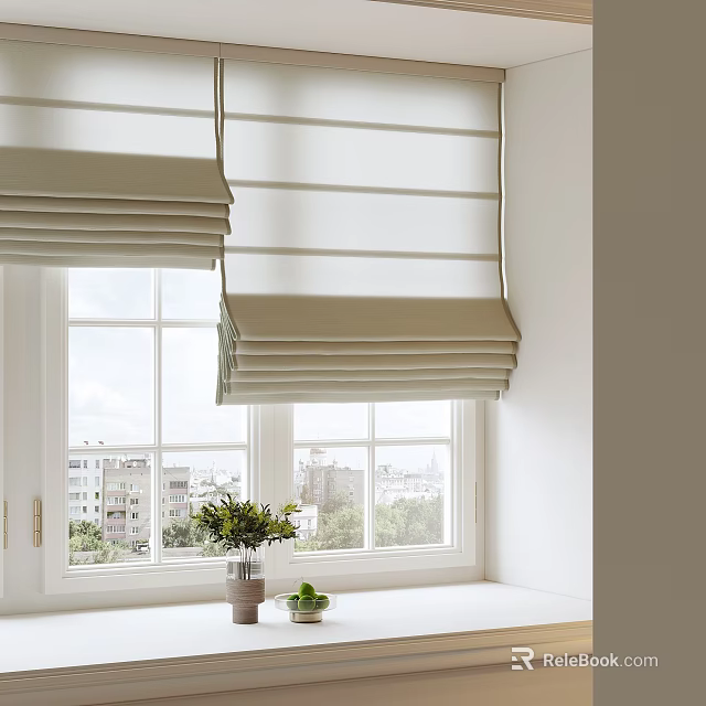 Elegant Beige Roller Blinds on Windows with Green Plants on Windowsill and Natural Light 3d model 